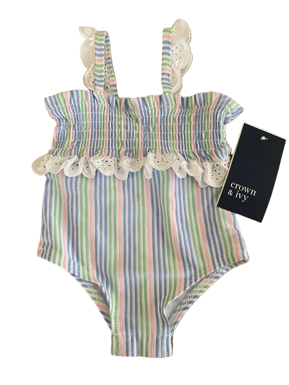 crown & ivy Pastel Stripe One-Piece Swimsuit in Blue, Pink, Green & White NWT!